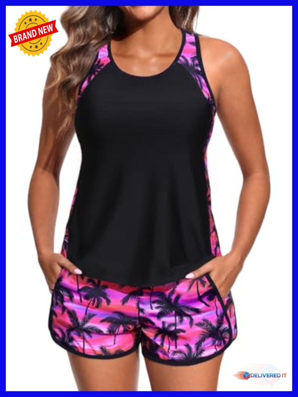 Tankini Swimsuit with Shorts - Tummy Control Two Piece Bathing Suit with Pockets